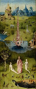 Hieronymus Bosch, Die Schöpfung in Garten der Lüste, linke Tafel eines Triptychons, Museo del Prado, Madrid, 1500 bis 1510 (S. 20 · Garten und Quelle der Gnade)