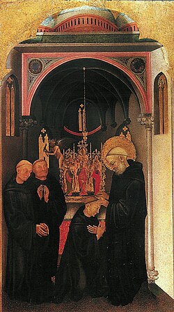 Gentile da Fabriano und Niccolò di Pietro Gerini, Der heilige Benedikt treibt einem Mönch den Teufel aus, Florenz, Galleria degli Uffizi (S. 80 · Besessenheit und Exorzismus)