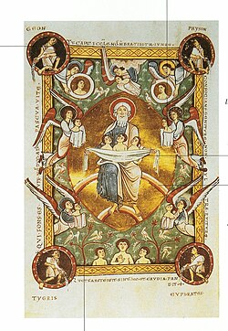 Die Seelen werden in Abrahams Schoß getragen, aus dem Totenbuch von Obermünster, 1177-83, München, Bayer. Hauptstaatsarchiv (S. 60 · Abrahams Schoß)