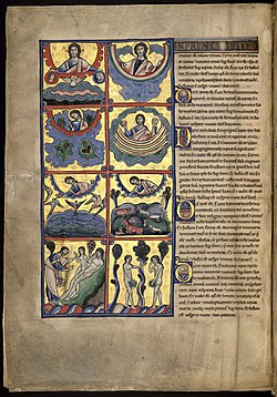Die Erschaffung der Welt in der Bibel von Souvigny, 12. Jhd., Bibliothèque Municipale, Moulins (S. 13 · Schöpfung)