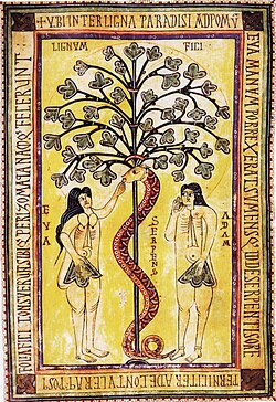 Adam, Eva und der Baum der Erkenntnis von Gut und Böse, Ill. Codex Aemilianensis, 994, El Escorial, Real Bibliotheca de San Lorenzo (S. 103 · Verbotene Früchte)