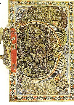 Ein Engel versperrt die Pforten der Unterwelt mit einem Schlüsel, in: Psalter von Winchester, 1150, British Library, London (S. 33 · Unterwelt)