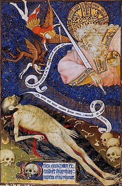 Meister der Grandes Heures de Rohan, Der Tod vor dem richtenden Gott, 1418-25, Paris, Bibl. N. (S. 173 · Tod)