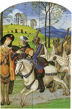 anon., Offizium des Todes, franz. Stundenbuch, um 1490, Privatsammlung (S. 180 · Begegnung der drei Lebenden und der drei Toten)