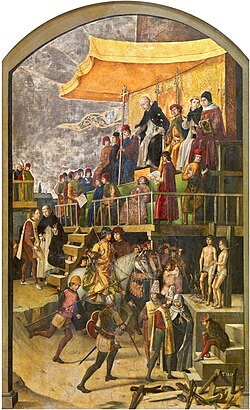 Pedro Berruguete, Inquisitionsgericht unter Vorsitz von hl. Dominikus, um 1495, Madrid, Museo del Prado (S. 83 · Inquisition)
