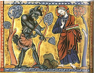 unbek., Die erste Versuchung Christi, in: Miniatur-Psalter, um 1222, Kopenhagen, Det kongelige Bibliothek (S. 130 · Überwundene Versuchungen)