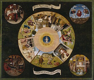 Hieronymus Bosch, Die sieben Todsünden , 1480-85, Madrid, Museo del Prado (S. 70/71 · Die sieben Todsünden)