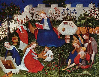 Maria im Pardiesgarten (de) vom Meister des Frankfurter Paradiesgärtleins, c. 1410, Städelsches Kunstinstitut, Frankfurt am Main (S. 22 · Garten und Quelle der Gnade)