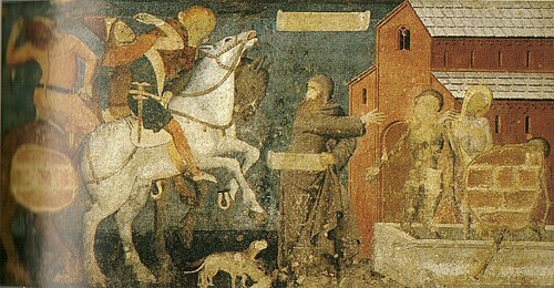 Meister von Montiglio (?), Begegnung der drei Lebenden und der drei Toten, 14. Jhd., Albugnano, Santa Maria di Vezzolano (S. 179 · Begegnung der drei Lebenden und der drei Toten)