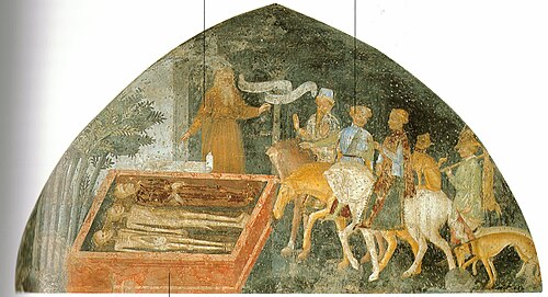anon., Gegensatz der drei lebenenden und drei Toten, 1. Hälfte 15. Jhd., Cremona, San Luca (S. 181 · Begegnung der drei Lebenden und der drei Toten)