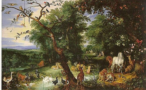 Paradiesische Landschaft und Erbsünde von Jan Snellinck d.Ä., um 1630, Castello Sforzesco, Mailand (S. 15 · Irdisches Paradies)