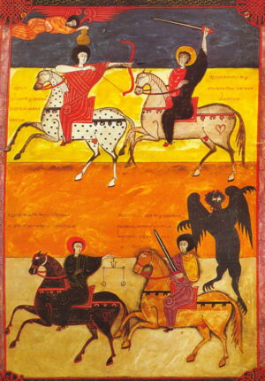 Four Horsemen of the Apocalypse on the Beato de Fernando I y doña Sancha dated 1047 AD (Apoc. VI, 1–8f. 135; shelf 14-2 National Library, Madrid; https://commons.wikimedia.org/wiki/File:B_Facundus_135.jpg Four Horsemen of the Apocalypse on the Beato de Fernando I y doña Sancha dated 1047 AD (Apoc. VI, 1–8f. 135; shelf 14-2 National Library, Madrid; https://commons.wikimedia.org/wiki/File:B_Facundus_135.jpg
