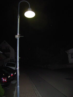 Bat recorder and information flyer attached to a street lamp. The bat recorder automatically detects bats flying past and records their ultrasonic sounds. Photo: Daniel Lewanzik Bat recorder and information flyer attached to a street lamp. The bat recorder automatically detects bats flying past and records their ultrasonic sounds. Photo: Daniel Lewanzik